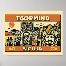 Affiche vintage de Taormine Sicile en gravure sur