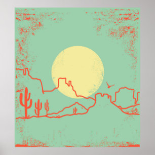 Affiche Vintage Desert landscape with Cactuses and Canyon.