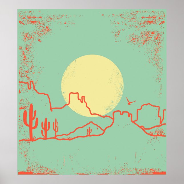 Affiche Vintage Desert landscape with Cactuses and Canyon. (Devant)