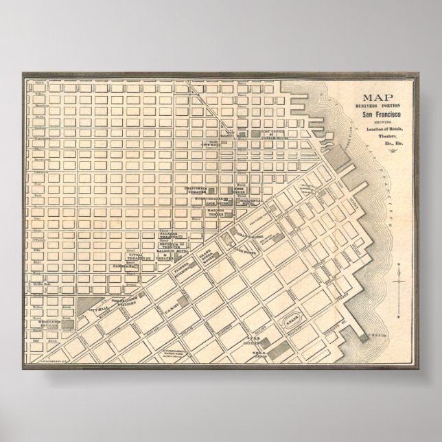 Affiche Vintage Detailed Golden San Francisco Map 1889 (Devant)