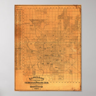 Affiche Vintage Detailed Map of Indianapolis 1885