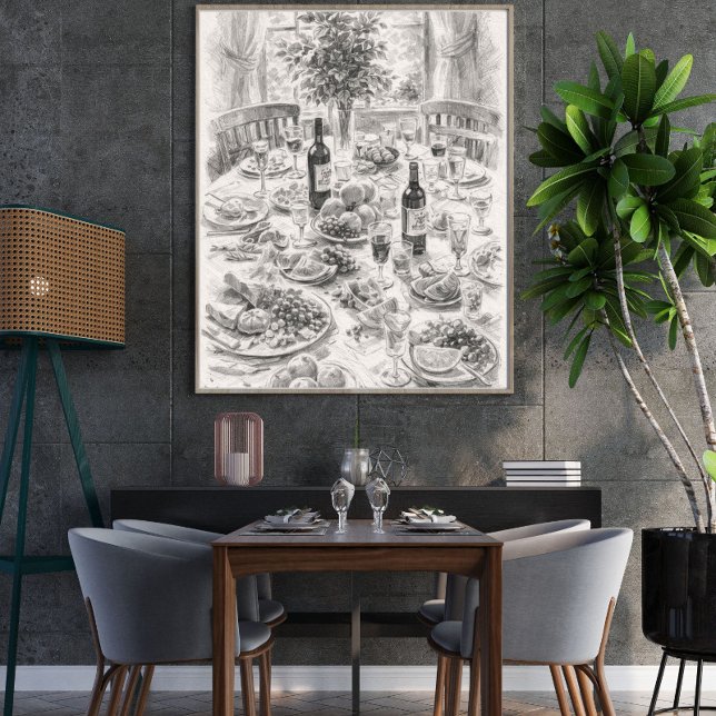 Affiche Vintage Dining Table Pencil Sketch, Classic Still  (Créateur téléchargé)