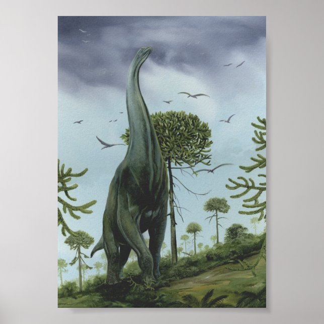 Affiche Vintage Dinosaurs, Sauroposeidon with Birds Flying (Devant)