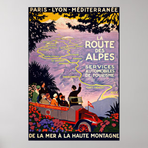 Affiche vintage d'itinéraire de voyage des Alpes d