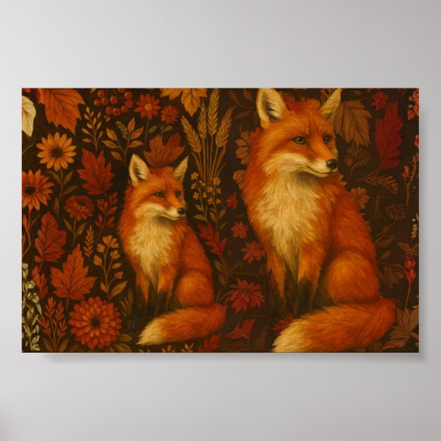 Affiche vintage du couple de renards d'automne (Devant)