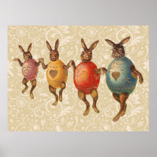 Affiche Vintage Easter Bunnies Dancing with Egg Costumes