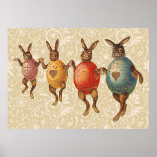Affiche Vintage Easter Bunnies Dancing with Egg Costumes