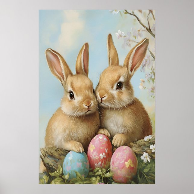 Affiche Vintage Easter Bunny Print, Pastel Flower (Devant)