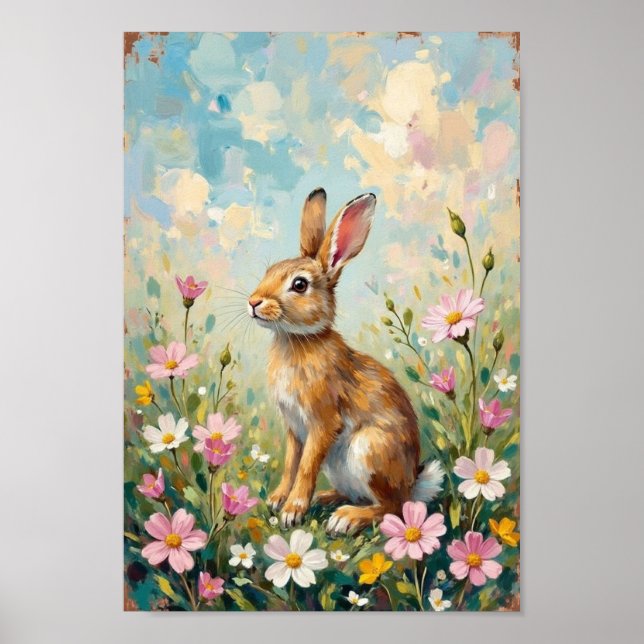 Affiche Vintage Easter Bunny Wildflower Art (Devant)