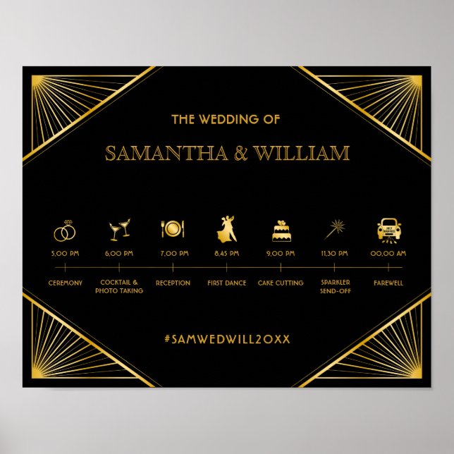 Affiche Vintage Elegant Art Deco Gold Wedding Timeline (Devant)