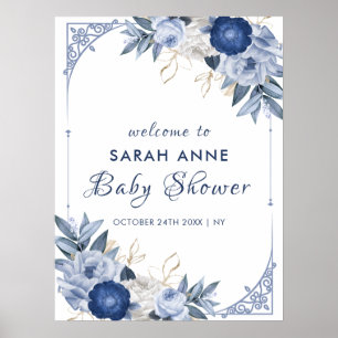 Affiche Vintage Elégant Baby shower Floral Bleu Accueil