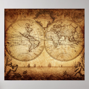 Affiche Vintage élégante carte du monde brunâtre rustiq
