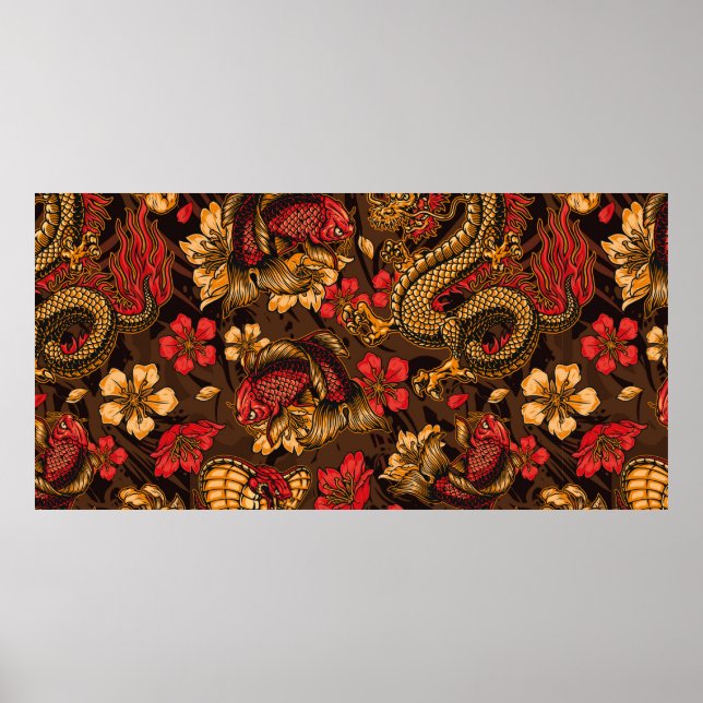 Affiche Vintage éléments japonais motif sans soudure avec  (Devant)