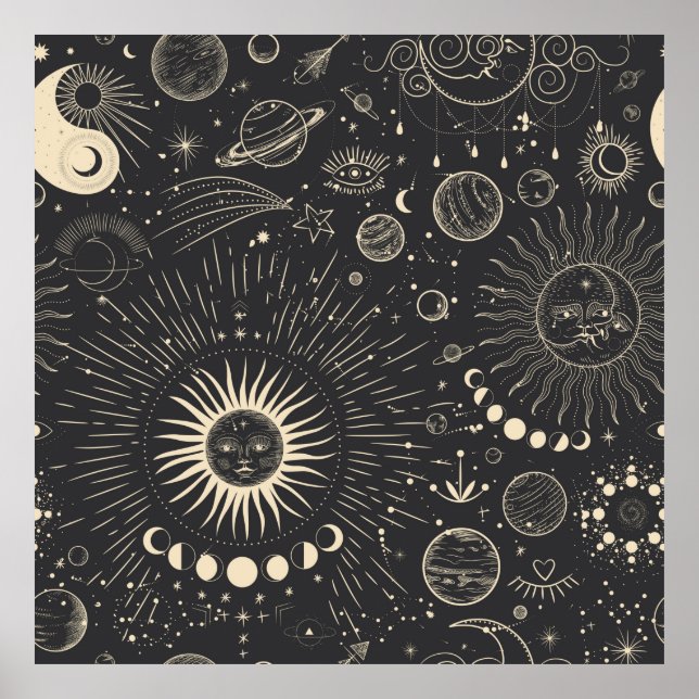 Affiche Vintage ensemble d'illustrations des phases de lun (Devant)