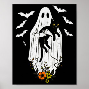 Affiche Vintage Fantôme tenant Chat Halloween Kitty Meow C