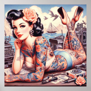 Affiche Vintage fille de l'ancienne école de tatouage