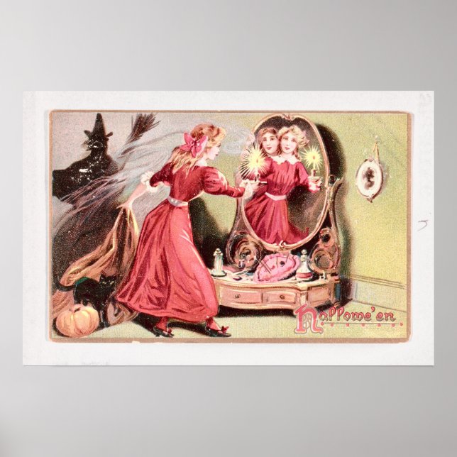 Affiche Vintage fille d'Halloween en robe rouge (Devant)