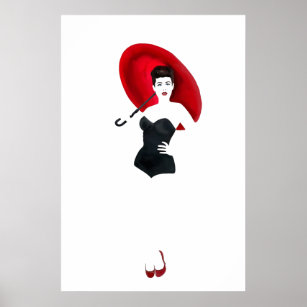 Affiche Vintage fille épingle - Parapluie rouge