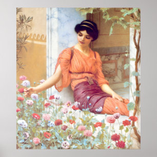 Affiche Vintage Fille Italienne Superbe Avec Fleurs D'Été
