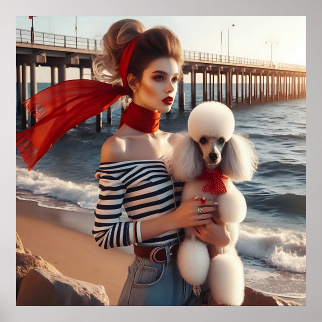 Affiche Vintage fille rétro glamour avec caniche (Devant)