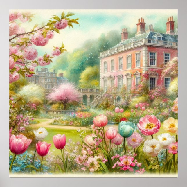Affiche Vintage fleuri jardin manoir aquarelle (Devant)