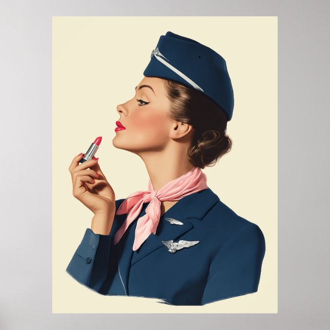 Affiche Vintage Flight Attendant Applying Lipstick (Devant)