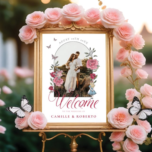 Affiche Vintage Floral Alice In Wonderland Mariage Bienven (Vintage Floral Alice In Wonderland Wedding Welcome Poster)