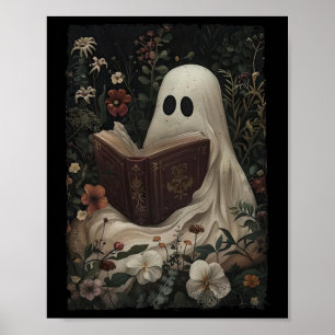 Affiche Vintage Floral Fantôme Lecture Livre Halloween Cos