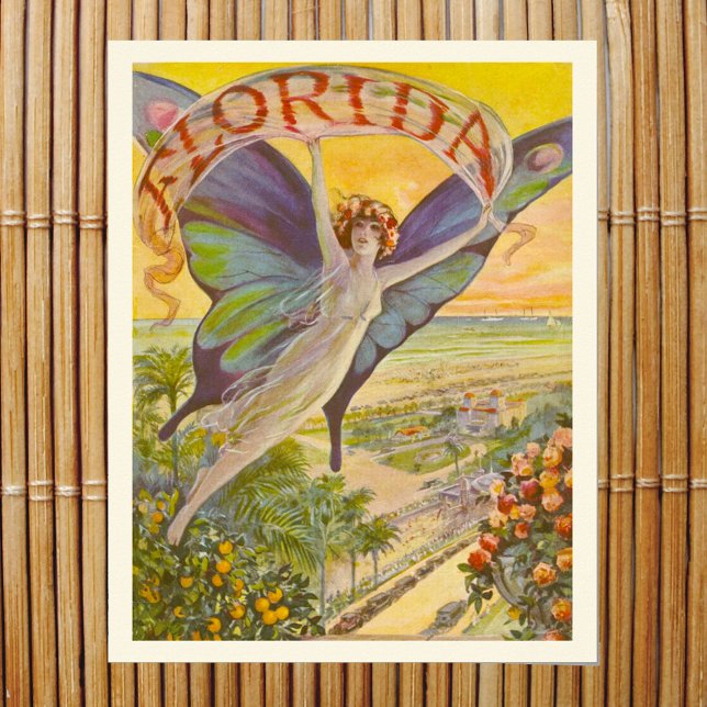 Affiche Vintage Floride Tourisme et femme volant au-dessus (Créateur téléchargé)