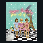 Affiche Vintage Funky Group Birthday Greetings<br><div class="desc">Fun and funky altered art vignette features a trio of schoolgirls vintage tinted photo cutout,  a duck with a crown,  the Eiffel Tower,  a crescent moon and "Happy Birthday from all of us" in pink and yellow neon text</div>