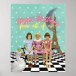 Affiche Vintage Funky Group Birthday Greetings<br><div class="desc">Fun and funky altered art vignette features a trio of schoolgirls vintage tinted photo cutout,  a duck with a crown,  the Eiffel Tower,  a crescent moon and "Happy Birthday from all of us" in pink and yellow neon text</div>