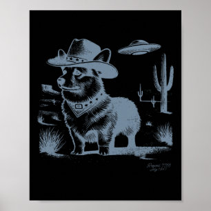 Affiche Vintage Funny 90s Western Cowboy Corgi Ufo