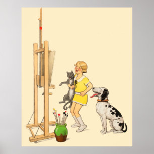 Affiche Vintage Funny Girl, Chien Chat Imprimer Georges Re