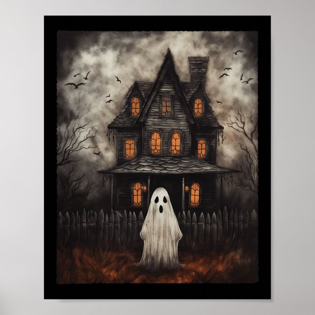 Affiche Vintage Ghost Haunted House Midnight Halloween Gho (Devant)