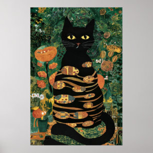 Affiche Vintage Gustav Klimt Chat noir dans un jardin fleu