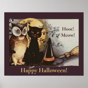 Affiche Vintage Halloween Black Cat & Owl Witch Hat Moon
