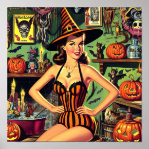 Affiche Vintage Halloween mignonne sorcière Pinup
