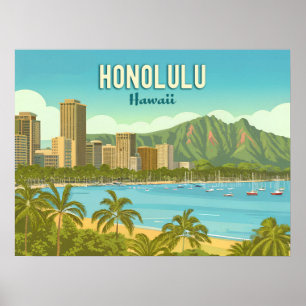 Affiche Vintage Hawaii, plage d'Honolulu Hanauma Bay