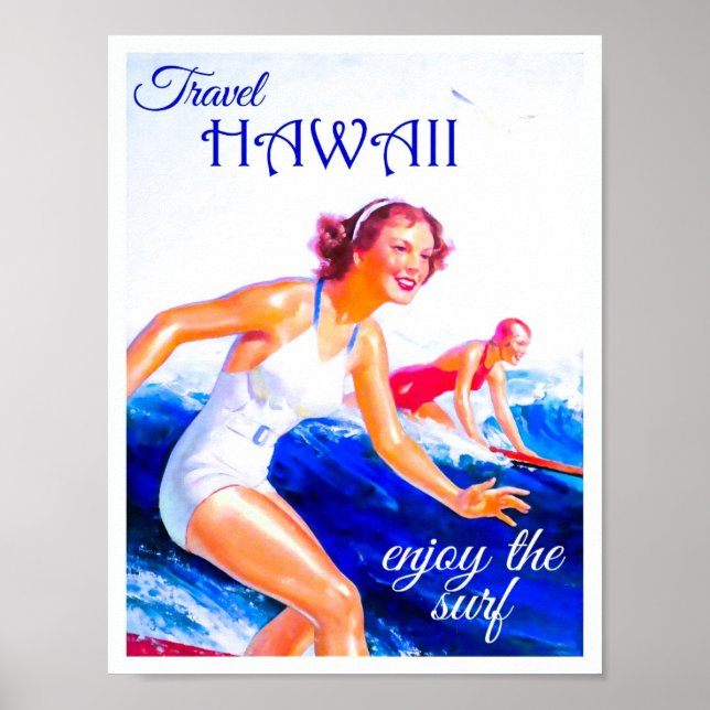 Affiche Vintage Hawaiian Trave Profitez Du Surf (Devant)