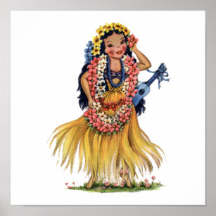 Affiche Vintage Hawaiienne en tenue hula