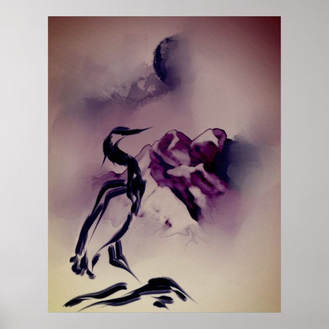 Affiche Vintage Heron Bird Mountains peinture Paysage (Devant)