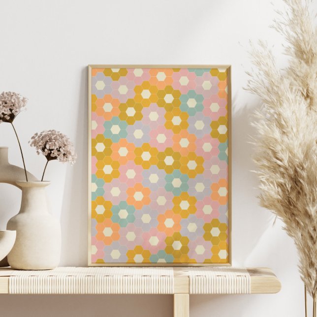 Affiche Vintage Hexagon Flower Motif en Pastel (Créateur téléchargé)