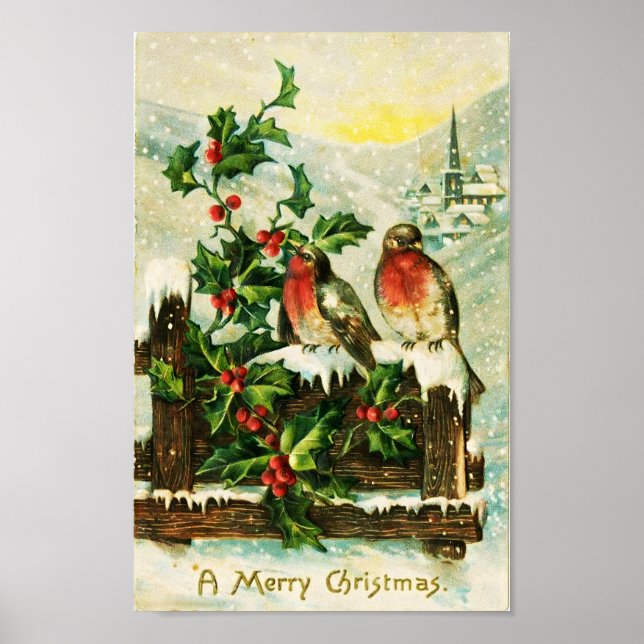Affiche Vintage Holly et oiseaux Noël (Devant)