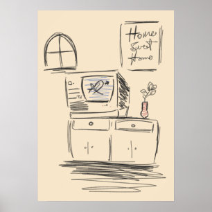 Affiche Vintage Home Sweet Home TV Living Room Croquis