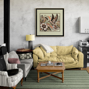 Affiche Vintage Hummingbird & Blooms Art