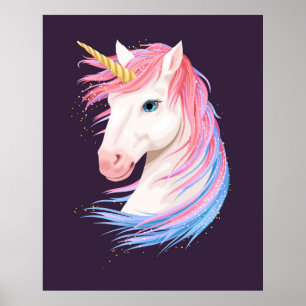 Affiche vintage illustration of cute unicorn with gold hor