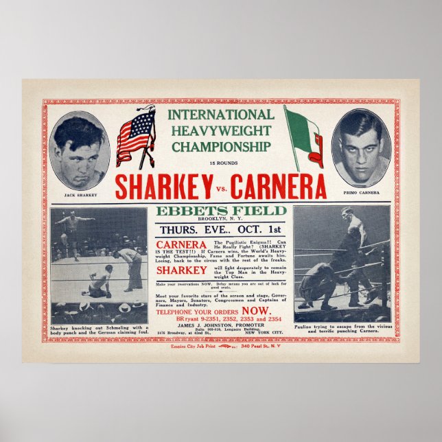 Affiche Vintage Jack Sharkey vs Primo Carnera Boxing (Devant)