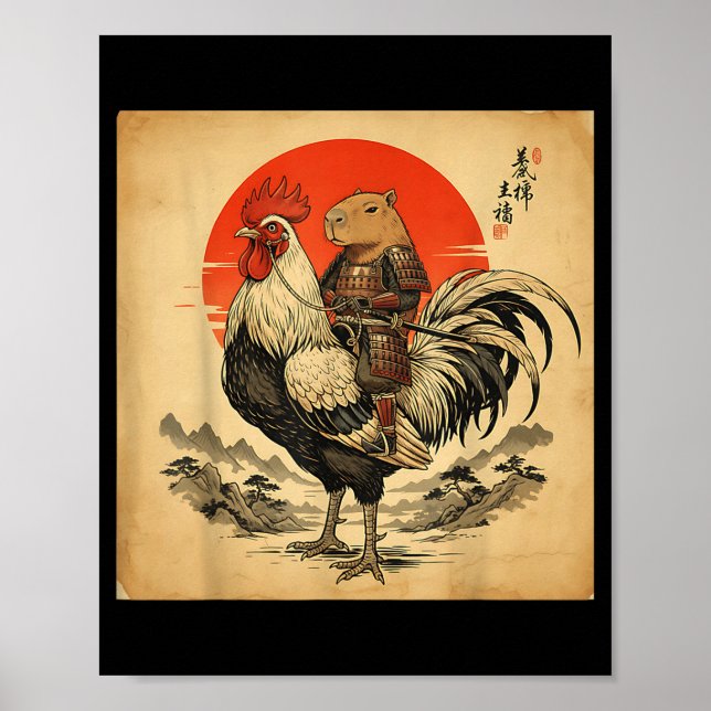 Affiche Vintage Japanese Samurai Capybara Rooster Chicken  (Devant)