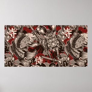 Affiche Vintage japanese seamless pattern with katana swor