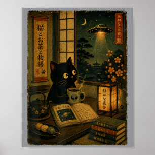 Affiche Vintage Japonais Chat Amoureux de Livre Ufo Alien